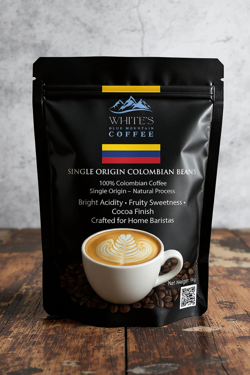 White's Blue Mountain Coffee Colombian Coffee Beans package on a wooden surface with a gray background