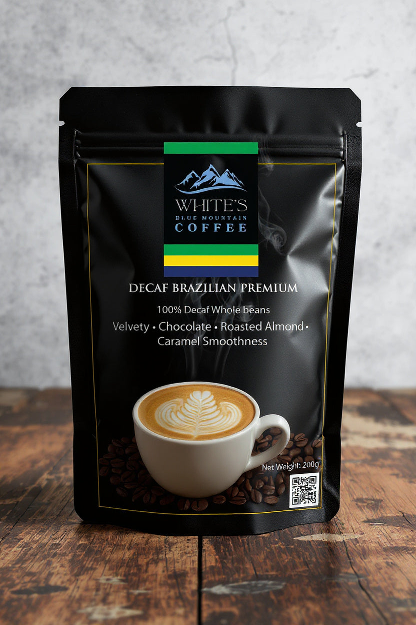 White's Blue Mountain Coffee Decaf Brazilian Coffee Beans package on a wooden surface with a gray background
