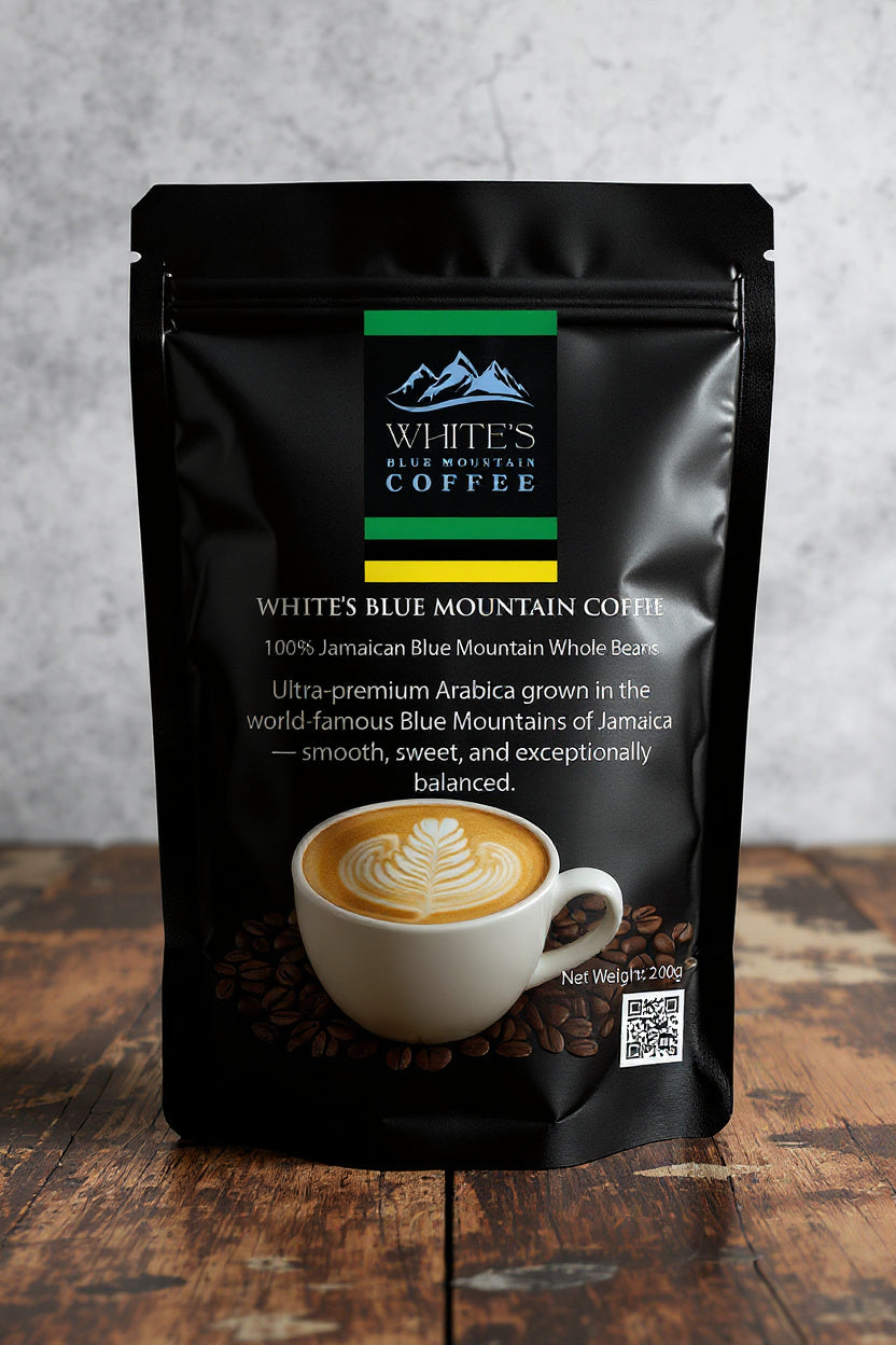White's Blue Mountain Coffee Beans package on a wooden surface with a gray background